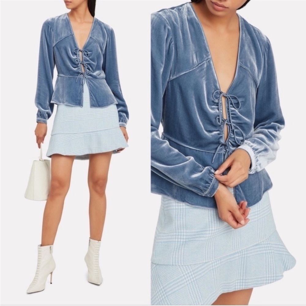 Intermix Katherine blue velvet tie front blouse
